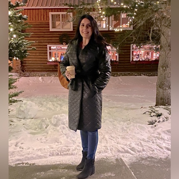 Size M black 100% polyester Avec Les Filles quilted trench coat, double breasted - Picture 1 of 12